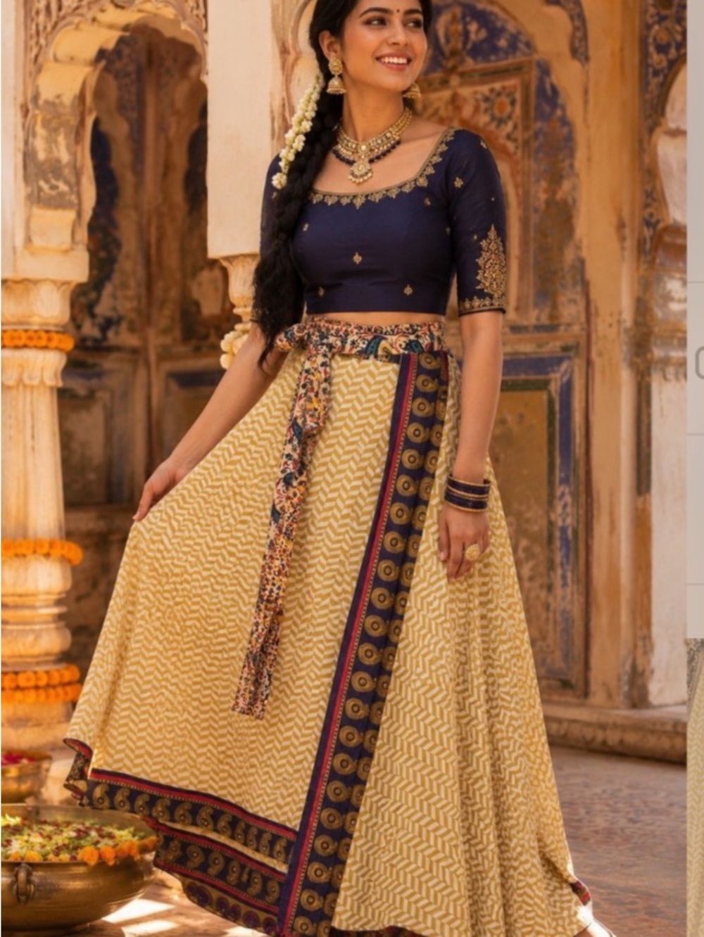 Printed Cream A-Line Wrap Skirt with Navy Border